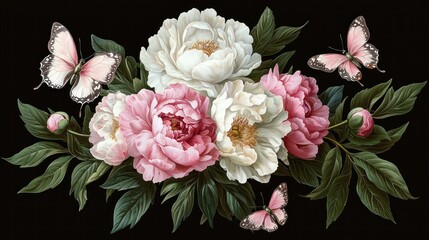 Elegant Pink and White Peonies with Delicate Butterflies