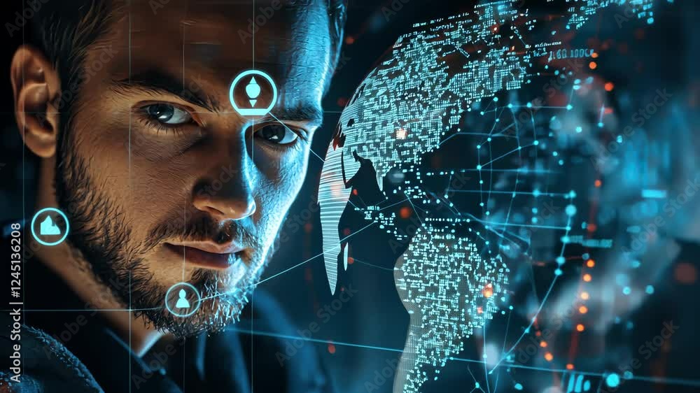 Poster futuristic data analysis with holographic interface and global connectivity