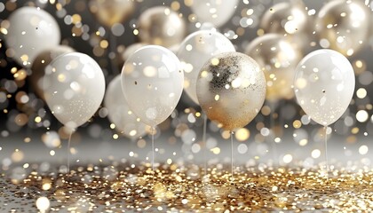 Arch of white balloons and golden shiny confetti.
