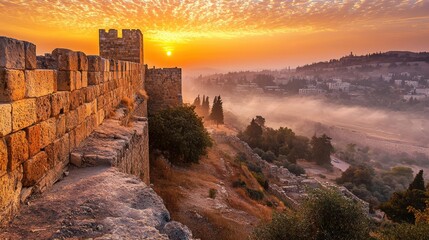 Sunrise over ancient jerusalem wall israel landscape photo heritage