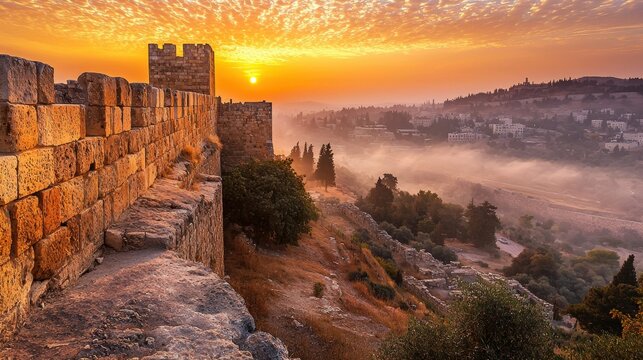 Sunrise over ancient jerusalem wall israel landscape photo heritage