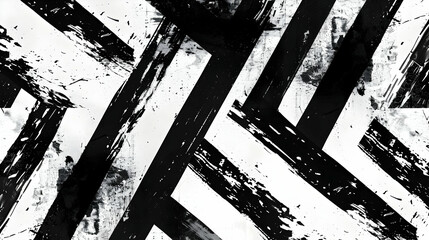 Fototapeta premium Abstract black and white geometric pattern with dynamic brush strokes creating depth and texture