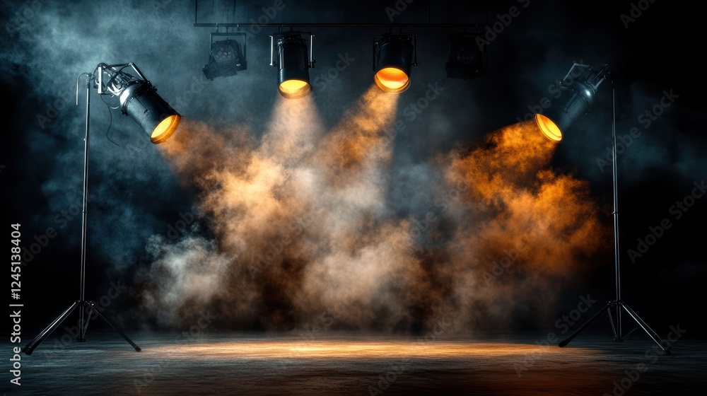Poster stage setup with three spotlights illuminating smoke in a theatrical performance environment