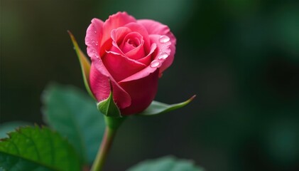 Fototapeta premium Water beads form on the rose bud's tender outer layer, plant, leaves, flower