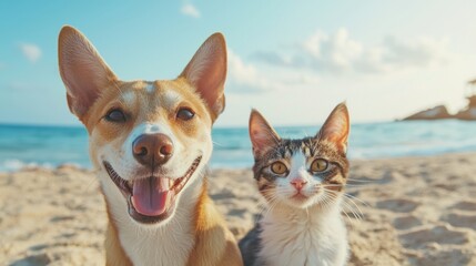 Happy dog and cat selfie at the beach animal photography joyful scene