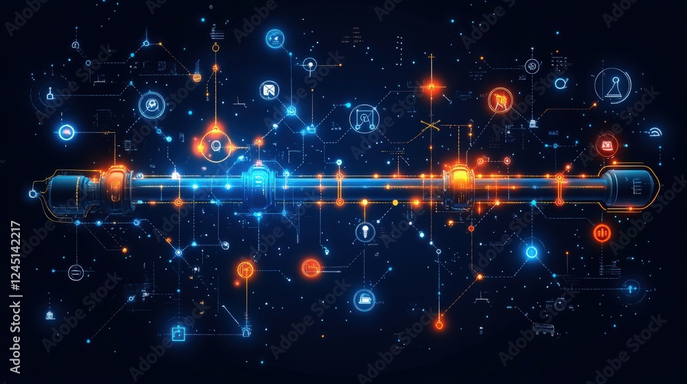 Poster abstract digital background featuring futuristic network connections with colorful icons and symbols