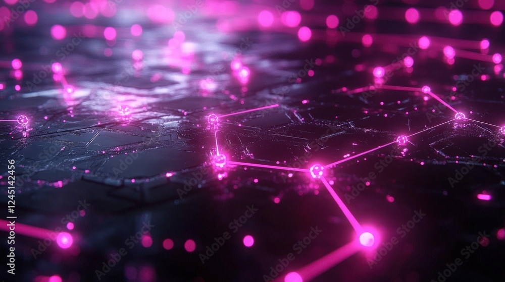 Poster abstract digital background with glowing pink nodes and connecting lines in a dark environment, repr