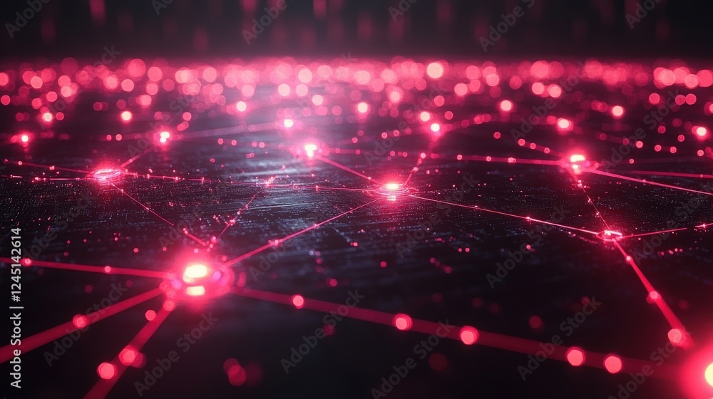 Fototapete abstract visualization of digital connections and neural networks in a vibrant red color scheme, sho