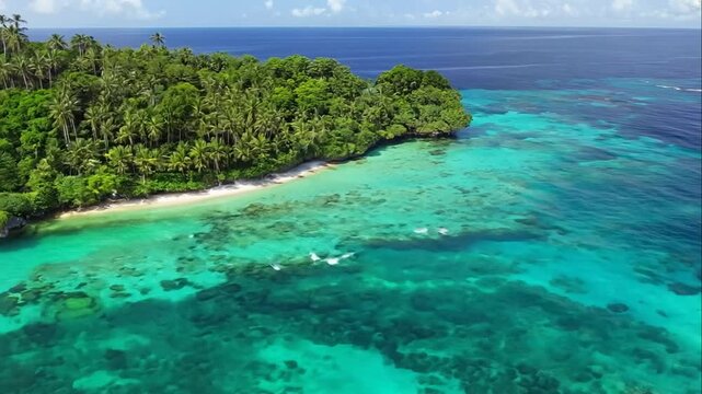 Aerial View of Lush Tropical Island Surrounded by Crystal Clear Turquoise Water and Vibrant Green Vegetation Under a Bright Blue Sky