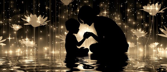 Silhouette of mother and little son playing at sunset.