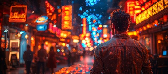 Obraz premium Man explores vibrant night market, glowing signs, city