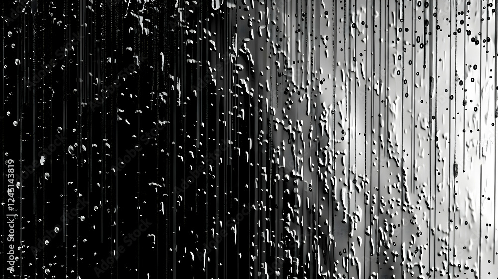 Poster abstract representation of rain with water droplets cascading down a dark background