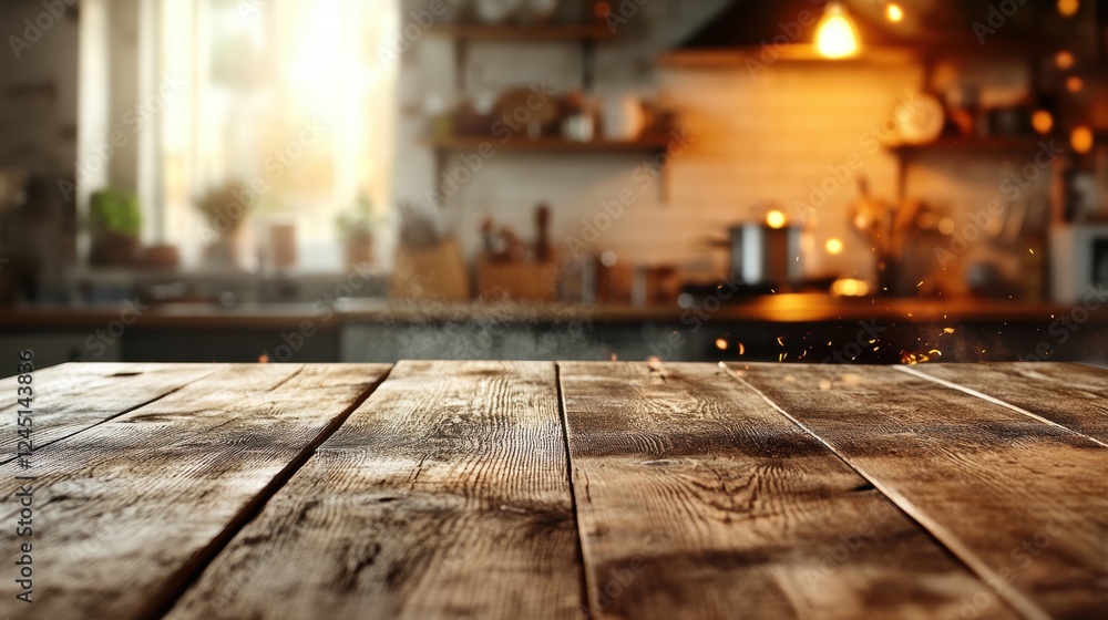 Aufkleber wooden table with blurred light background creating an atmosphere of warmth and tranquility