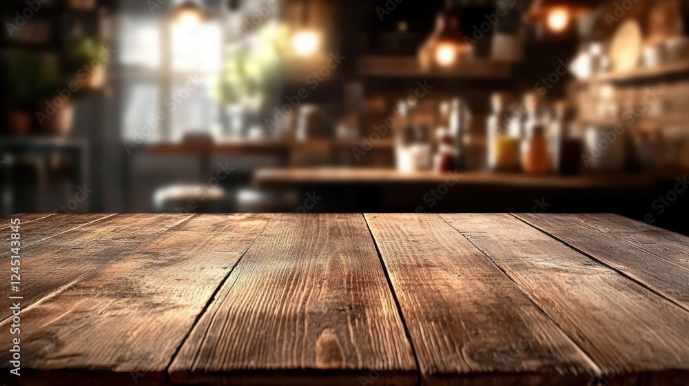 Poster wooden table in focus with a softly blurred background creating a warm and inviting atmosphere