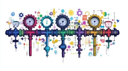 Obraz premium Colorful industrial gauges and valves illustration, showcasing vibrant designs, pressure measurement tools, and creative engineering concepts for modern technology backgrounds.