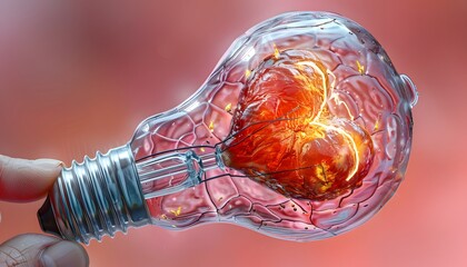 Hand holding light bulb with heart shape glowing red.