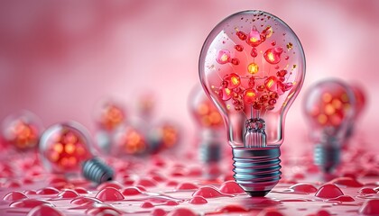 Hand holding light bulb with heart shape glowing red.