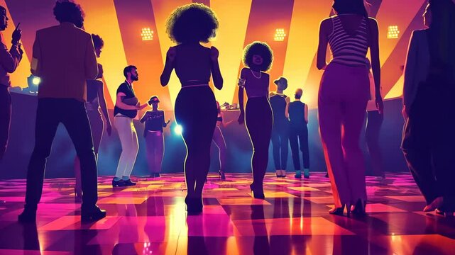 Groovy 70s Disco Night:  A vibrant illustration capturing the energy and style of a 1970s discotheque, filled with people dancing under dazzling lights.