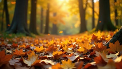 Gold leaves fall gently on the forest floor amidst autumn foliage, , autumn colors