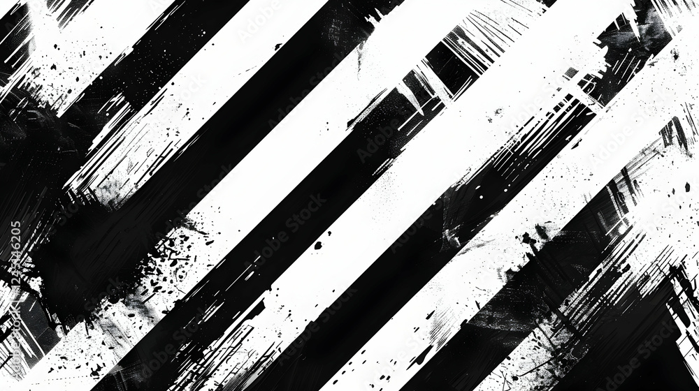 Poster Abstract black and white striped pattern with dynamic brush strokes and splatters