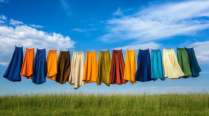 Colorful Skirts Drying in a Summer Field AI Generated