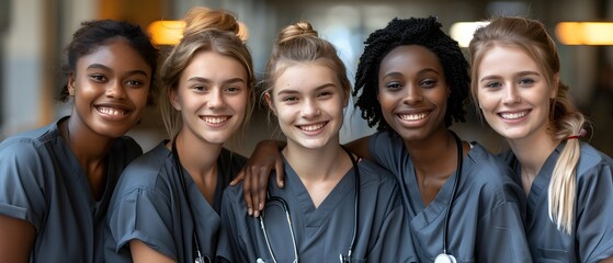 Group of young nurses standing welcoming team in hospital.
