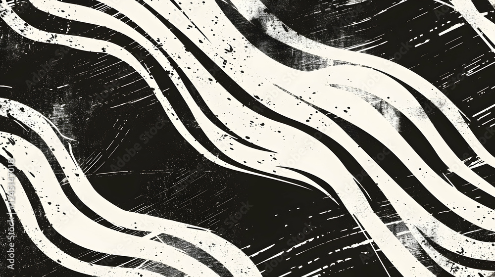 Poster abstract black and white wave pattern with textured lines creating a dynamic visual effect