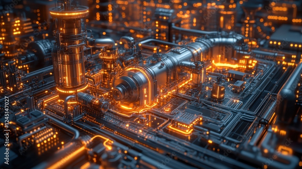 Poster futuristic industrial landscape with glowing pipes and structures displaying advanced technology and