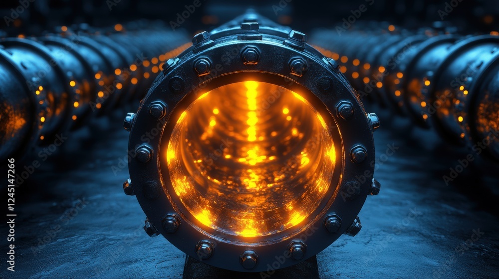 Poster futuristic industrial pipeline with glowing orange elements in a dark environment, creating a dramat