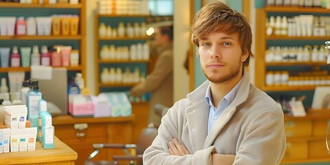 Happy confident stylish young male barber in modern shop.