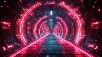 Futuristic Neon Tunnel with Glowing Circuits and High-Tech Elements Creating an Engaging Sci-Fi Atmosphere for Visuals and Creative Projects