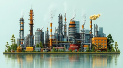 Industrial Landscape with Refineries and Factories along the Water, Featuring Smoke Stacks, Machinery, and Greenery for Urban and Environmental Themes