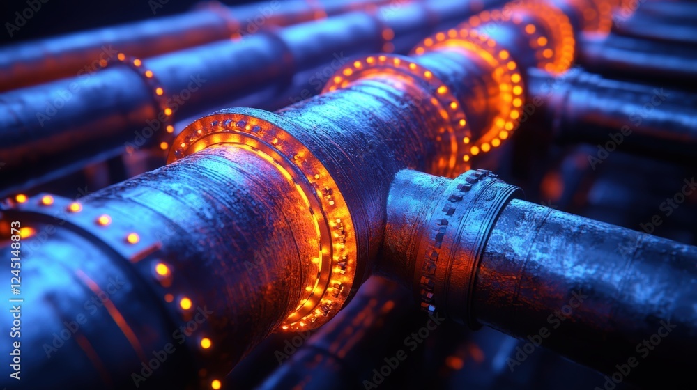 Poster industrial pipes with glowing orange lights in a dark, futuristic setting creating a high-tech, abst