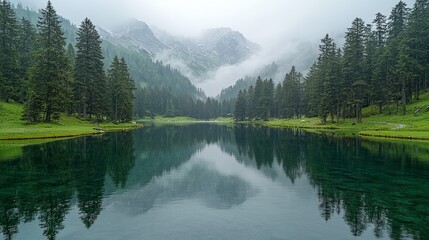 Naklejka premium Misty mountain lake reflection, serene alpine scenery, perfect for travel brochures