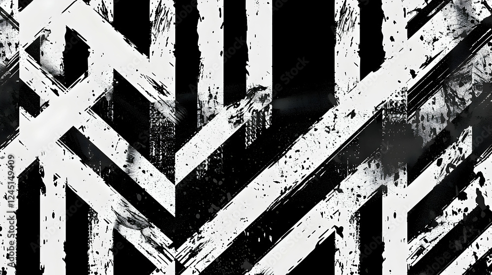 Poster abstract black and white geometric pattern with textured stripes creating visual depth
