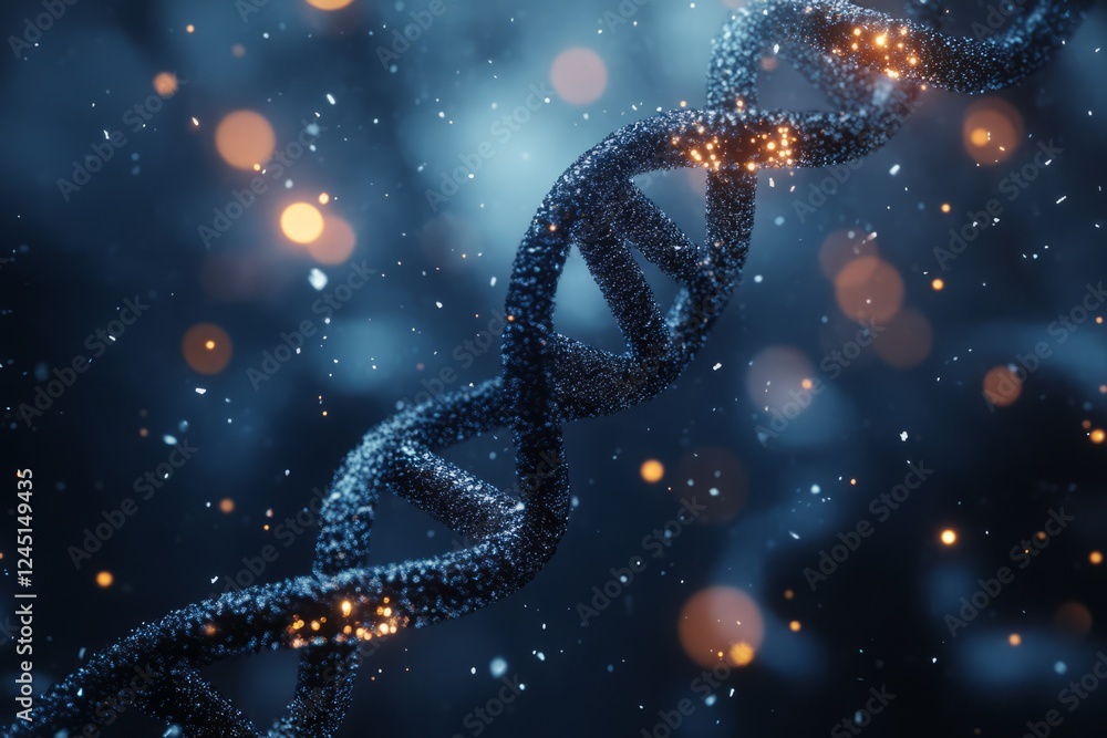 Poster abstract 3d rendering of a dna strand with glowing particles. perfect for science, technology, or me