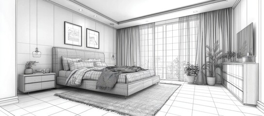 Modern bedroom design, large bed, plants, window view. Home interior blueprint