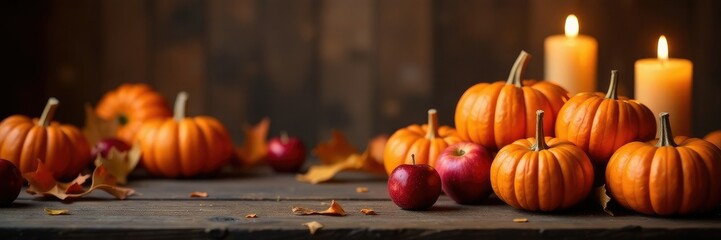 Piles of orange pumpkins and red apples near flickering candles on wooden table, autumn leaves, halloween decor, candles