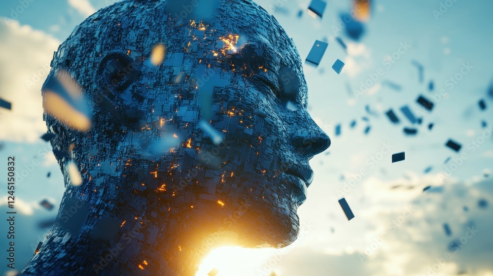 Poster digital head dissolving into data bits, sunset backdrop. illustrates ai, digital transformation, or 