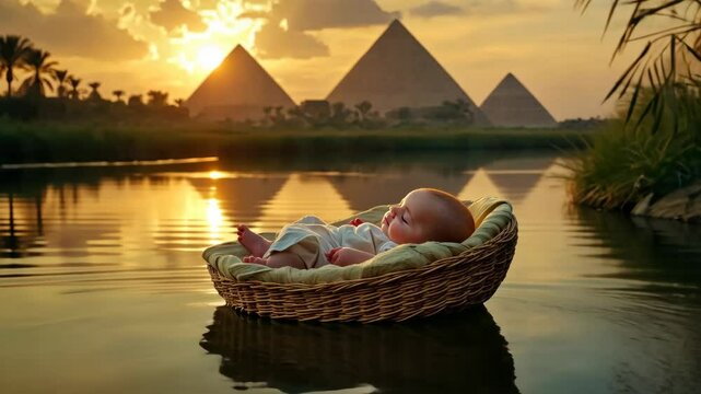 Serene baby floating on nile with stunning pyramid sunset