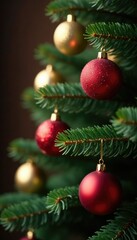Pine tree branches adorned with clusters of ornaments in shades of red and gold, ornaments, golden, decoration