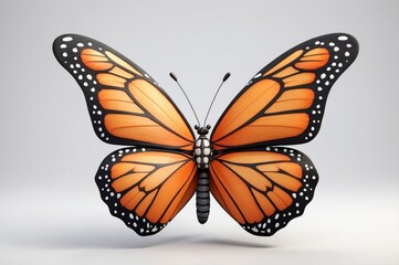 Orange butterfly with black veins and white spots on a white background.