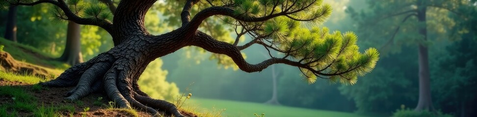 Naklejka premium Pine tree's twisted trunk and gnarled branches, twisted, gnarled