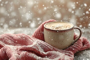 Steaming hot mug of hot chocolate with marshmallow on red woolen scarf.