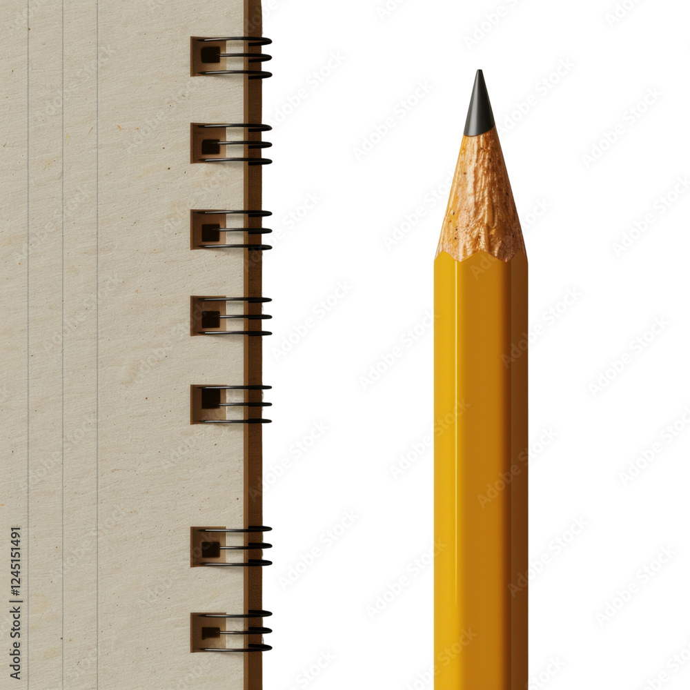 Poster close up of spiral bound notebook and yellow pencil, showcasing texture of paper and sharpened tip o