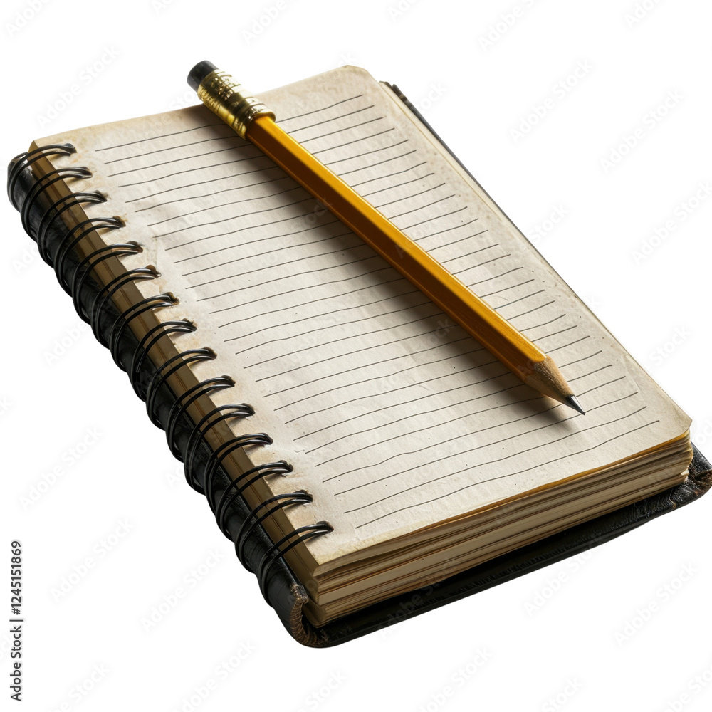Poster spiral bound notebook with blank pages and yellow pencil resting on top, ideal for writing notes or 