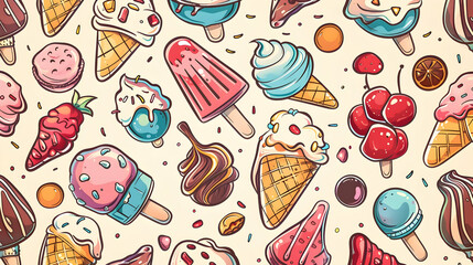 Colorful assortment of ice cream cones, popsicles, and desserts on a playful background