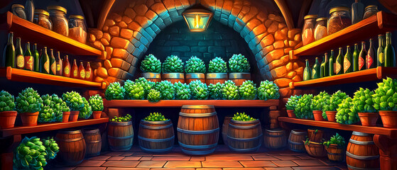 Fototapeta premium A room with a lot of plants and a barrel in the middle. The plants are green and the barrel is brown