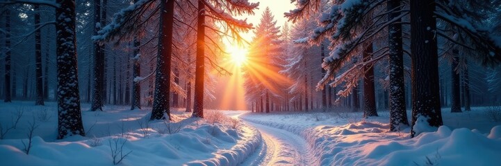 snowy forest landscape at dusk with warm sunbeams filtering through the trees, forest sunlight, , forest path