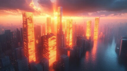 Fototapeta premium Stunning Cityscape at Sunset with Skyscrapers and Reflections Over the Water, Showcasing a Vibrant Urban Landscape and Dramatic Cloud Patterns